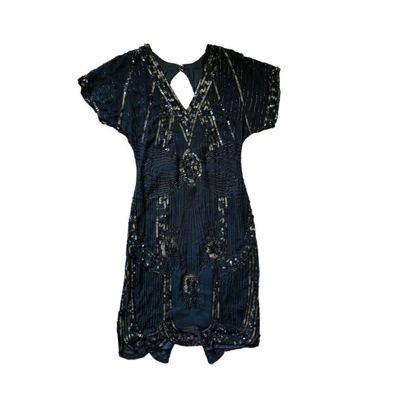 Lillie Rubin Vintage Art Deco Black Silk Beaded Sequined Cocktail Dress Short Sl - Picture 2 of 15